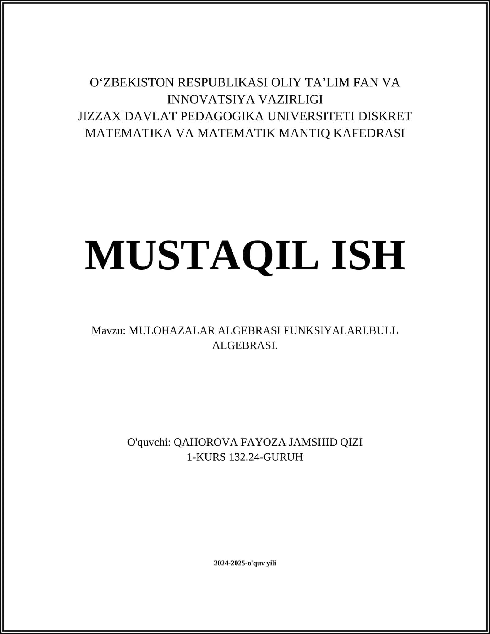 MULOHAZALAR ALGEBRASI FUNKSIYALARI.BULL ALGEBRASI