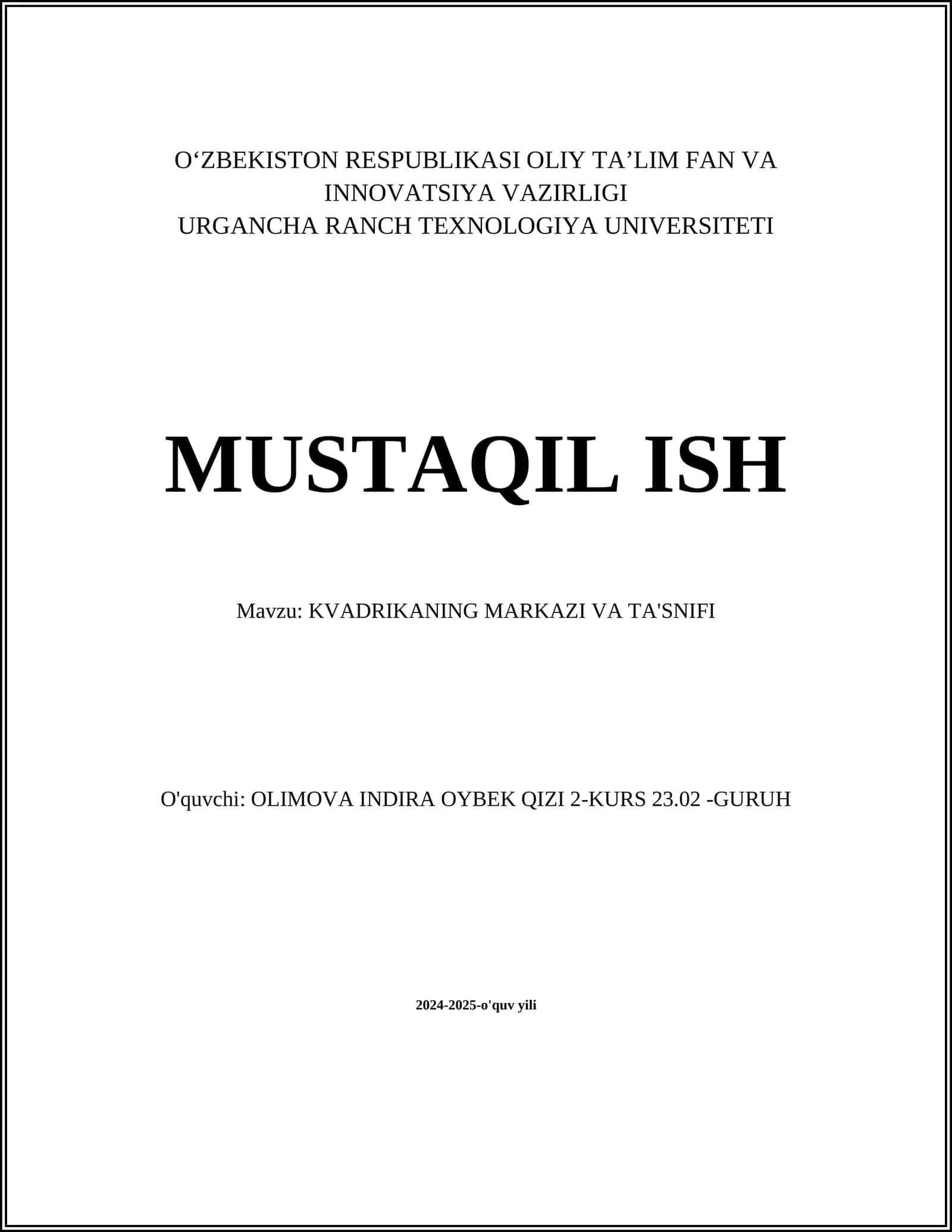 KVADRIKANING MARKAZI VA TA'SNIFI