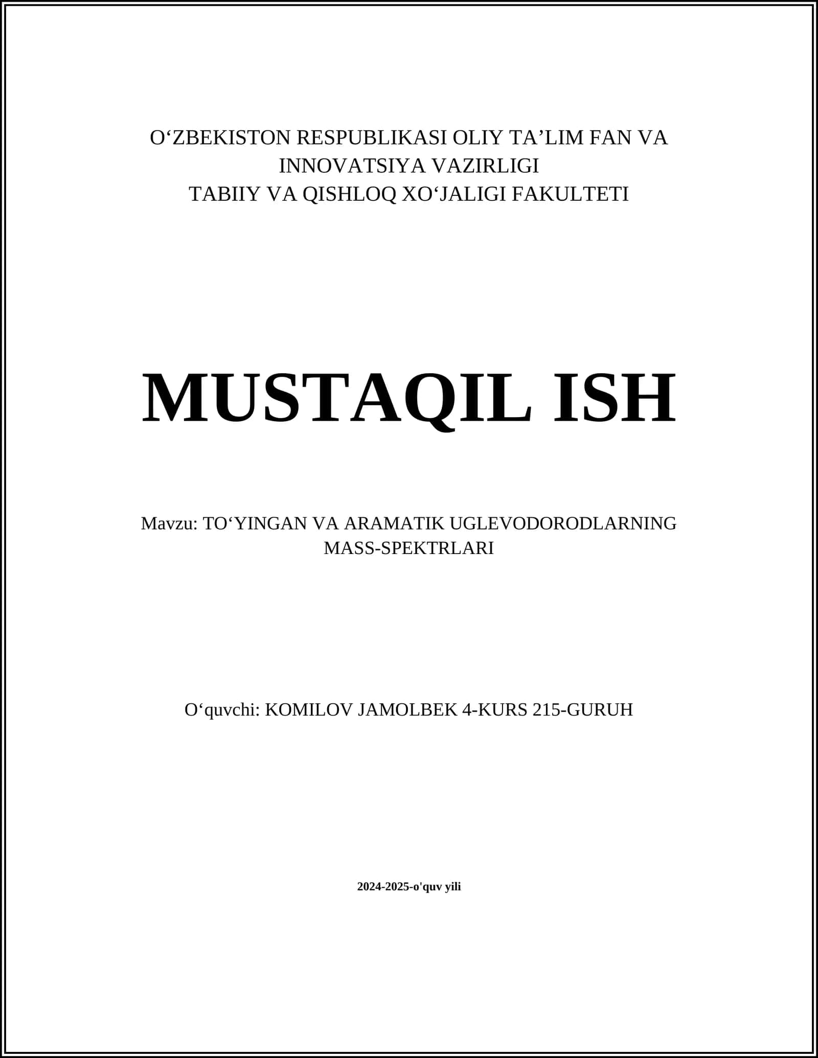 TOʻYINGAN VA ARAMATIK UGLEVODORODLARNING MASS-SPEKTRLARI
