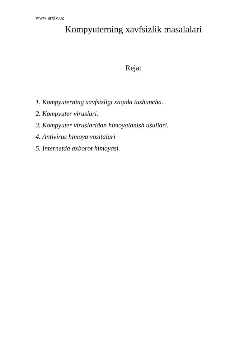 Кompyuterning xavfsizlik masalalari