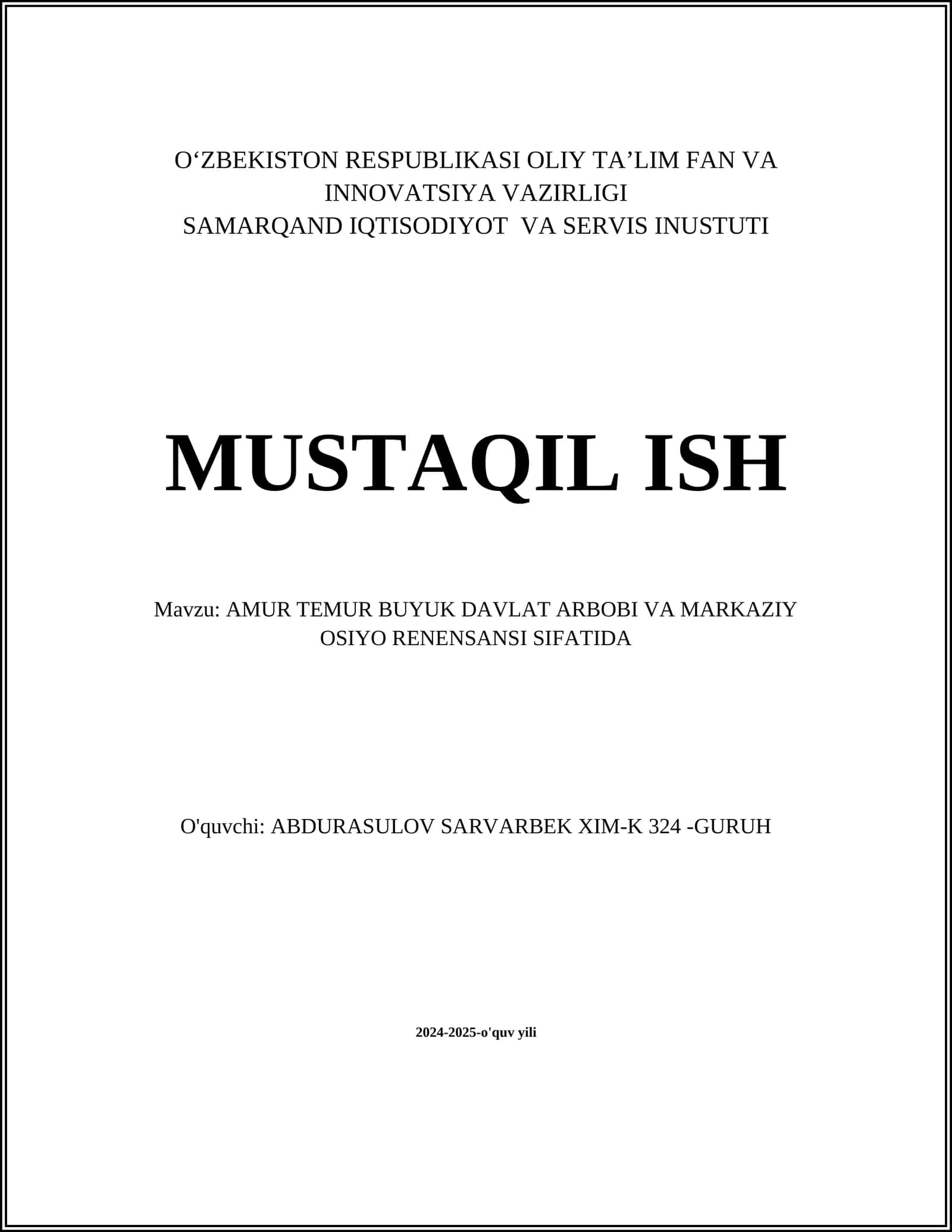 AMIR TEMUR BUYUK DAVLAT ARBOBI VA MARKAZIY OSIYO RENESANSI SIFATIDA