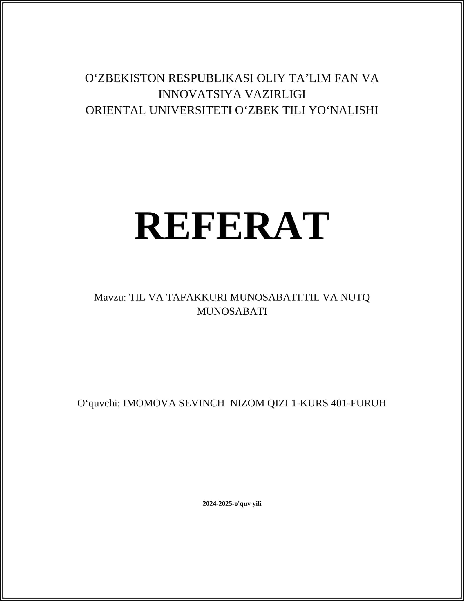TIL VA TAFAKKURI MUNOSABATI.TIL VA NUTQ MUNOSABATI