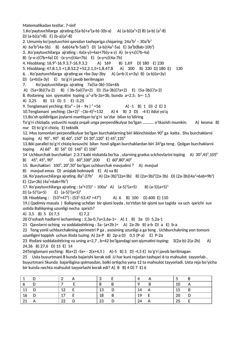 Matematikadan testlar. 7-sinf