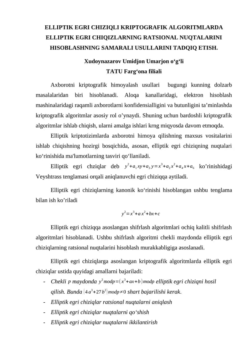 Elliptik Egri Chiziqli Kriptografik Algoritmalar