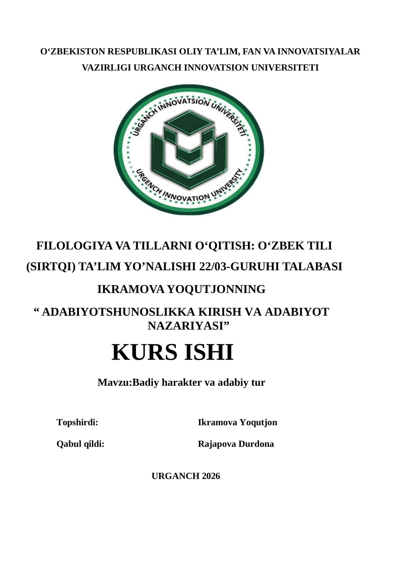 Badiy harakter va adabiy tur (KURS ISHI)