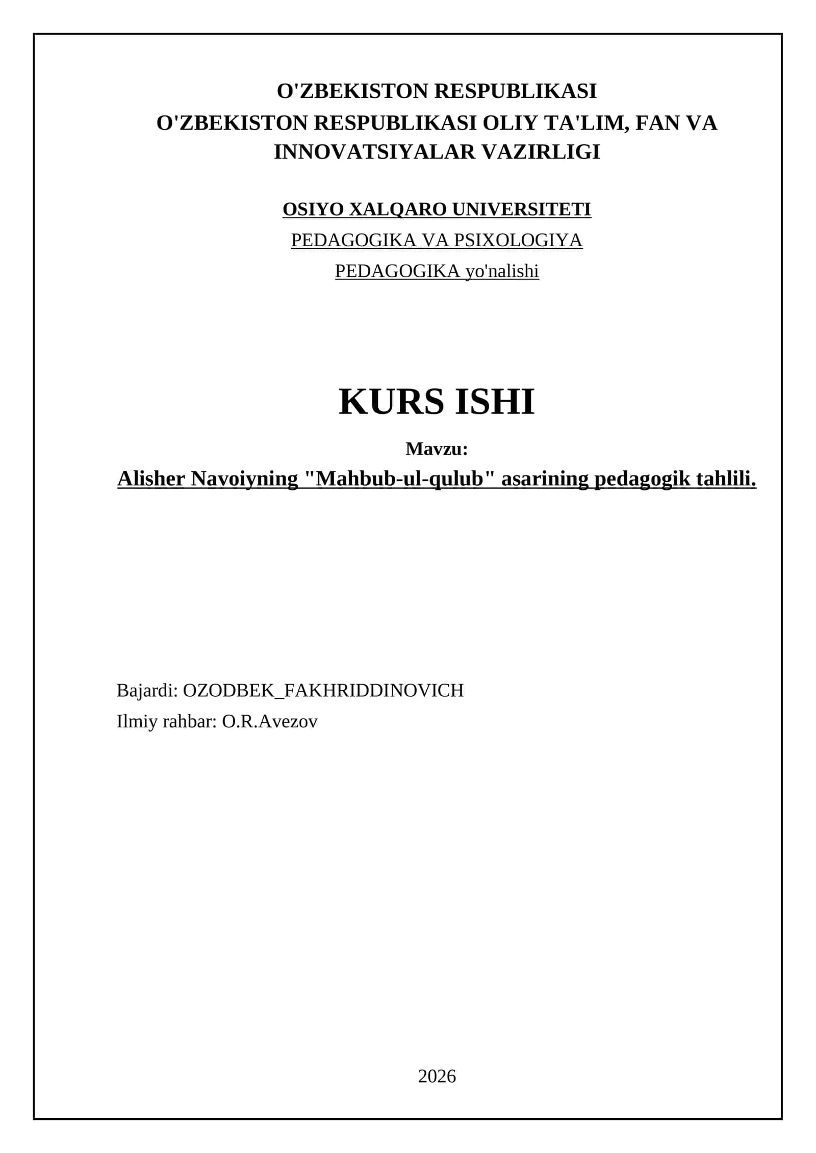 Alisher Navoiyning "Mahbub-ul-qulub" asarining pedagogik tahlili