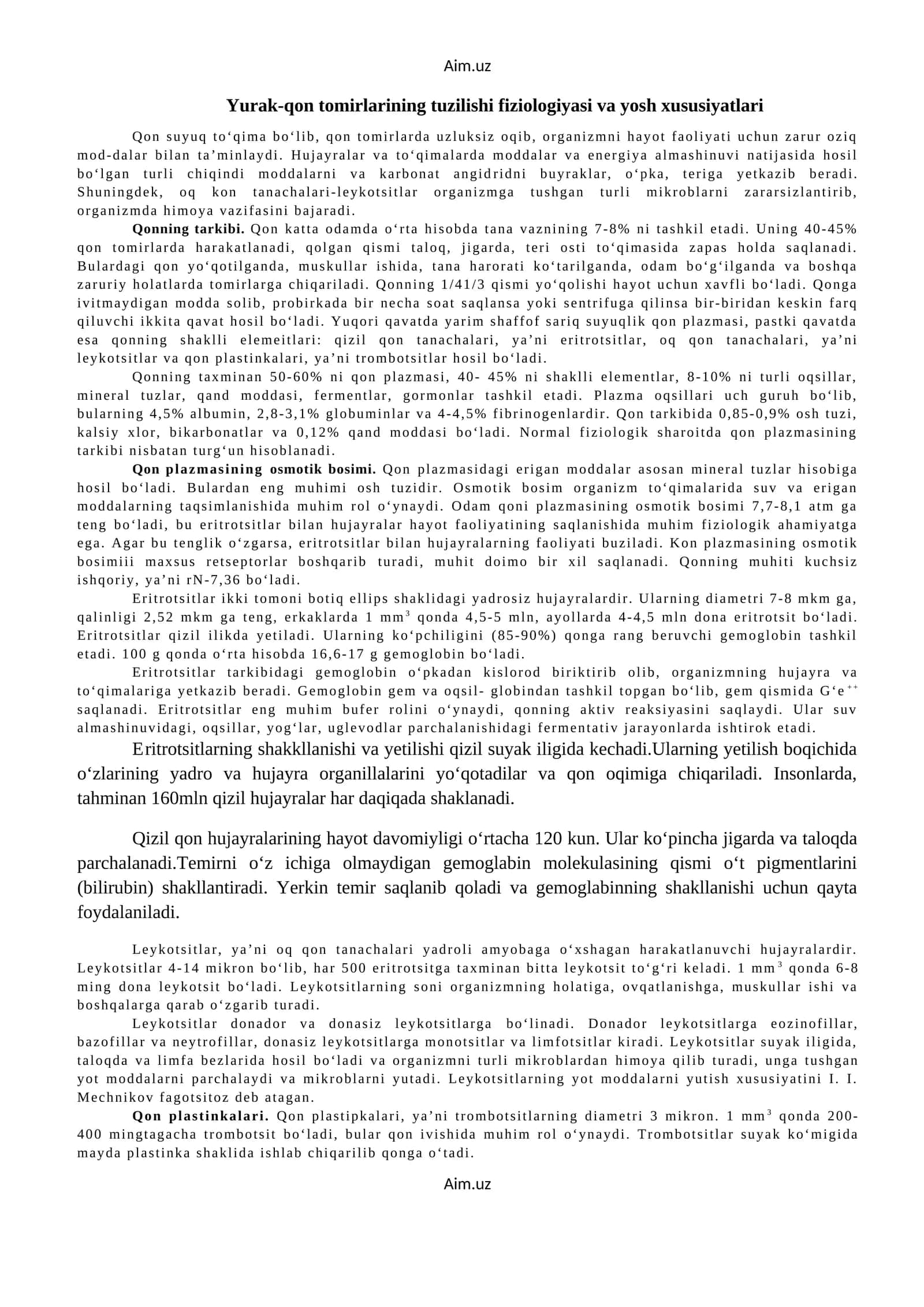 Yurak-qon tomirlarining tuzilishi fiziologiyasi va yosh xususiyatlari