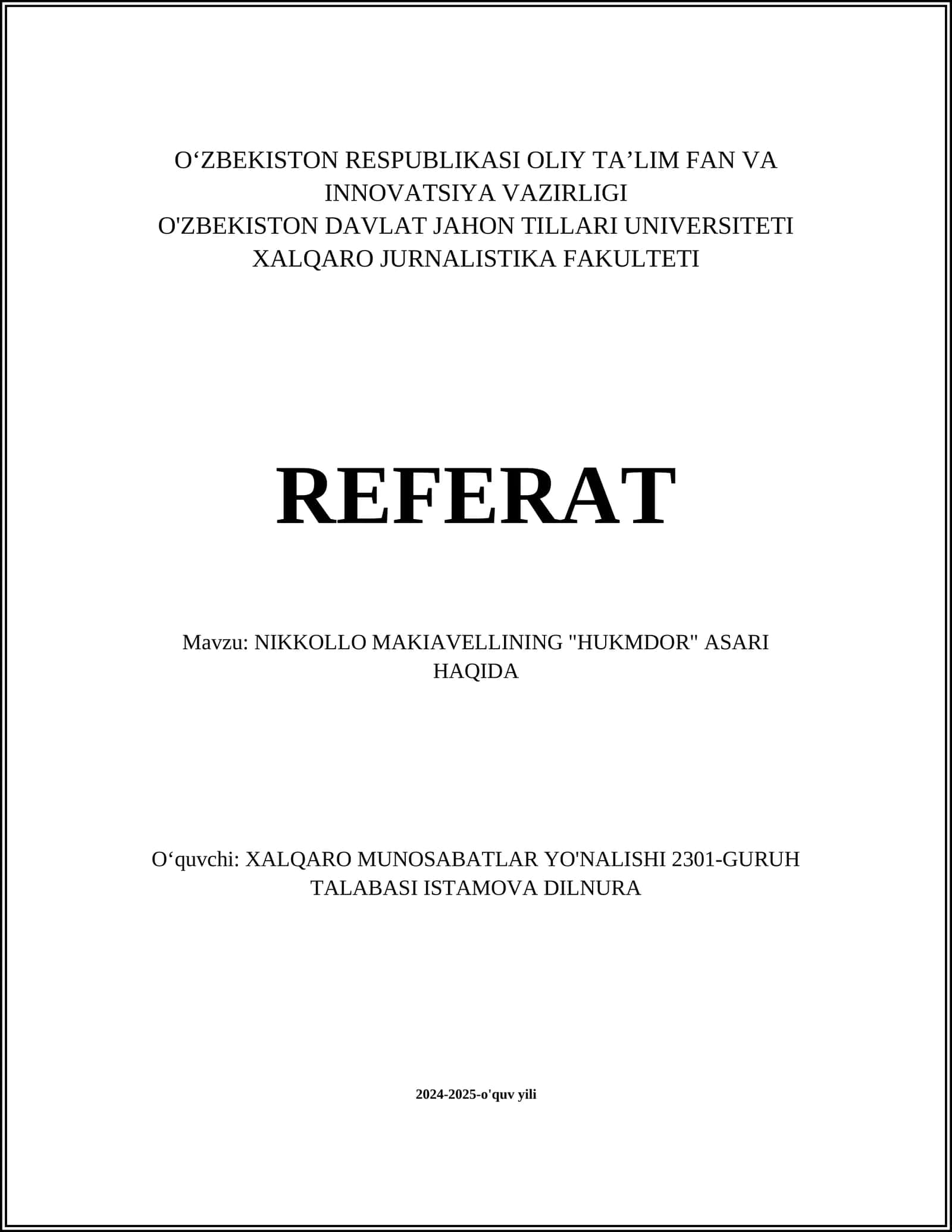 NIKKOLLO MAKIAVELLINING "HUKMDOR" ASARI HAQIDA