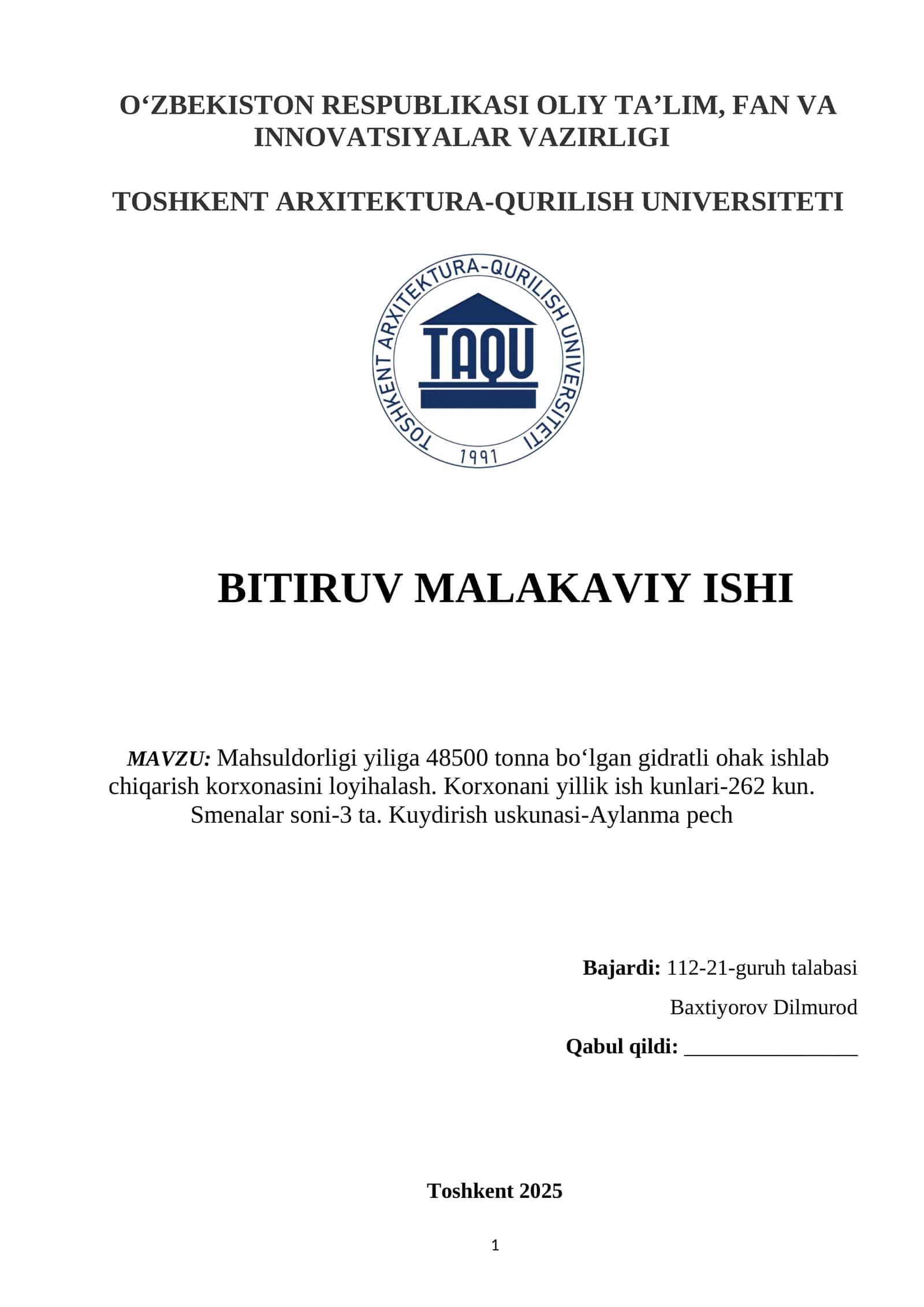 Mahsuldorligi yiliga 48500 tonna bo‘lgan gidratli ohak ishlab chiqarish korxonasini loyihalash.