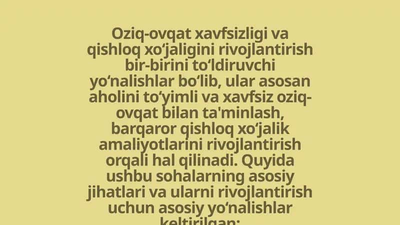 Oziq-ovqat xavfsizligi va qishloq xo‘jaligini rivojlantirish