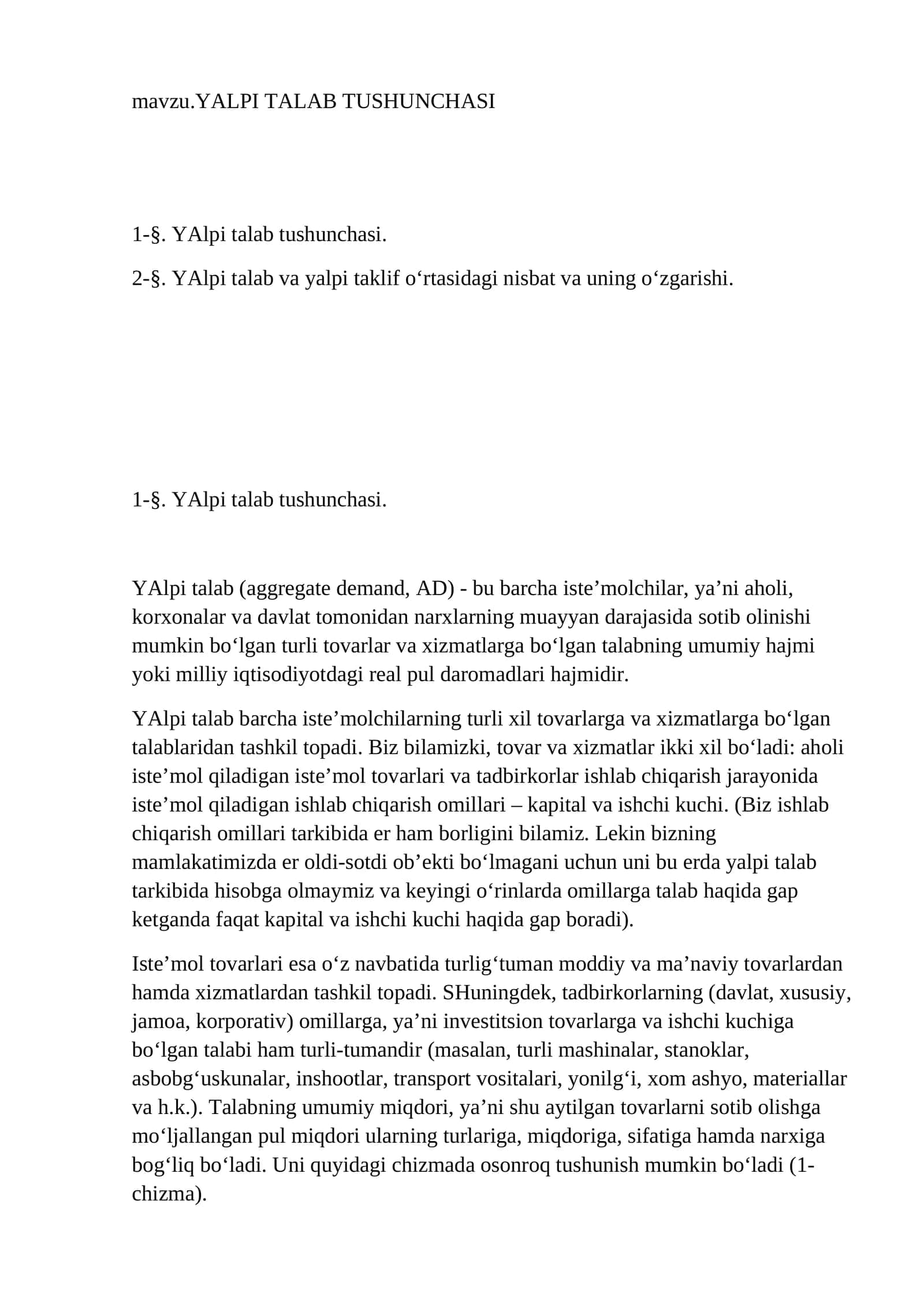YALPI TALAB TUSHUNCHASI