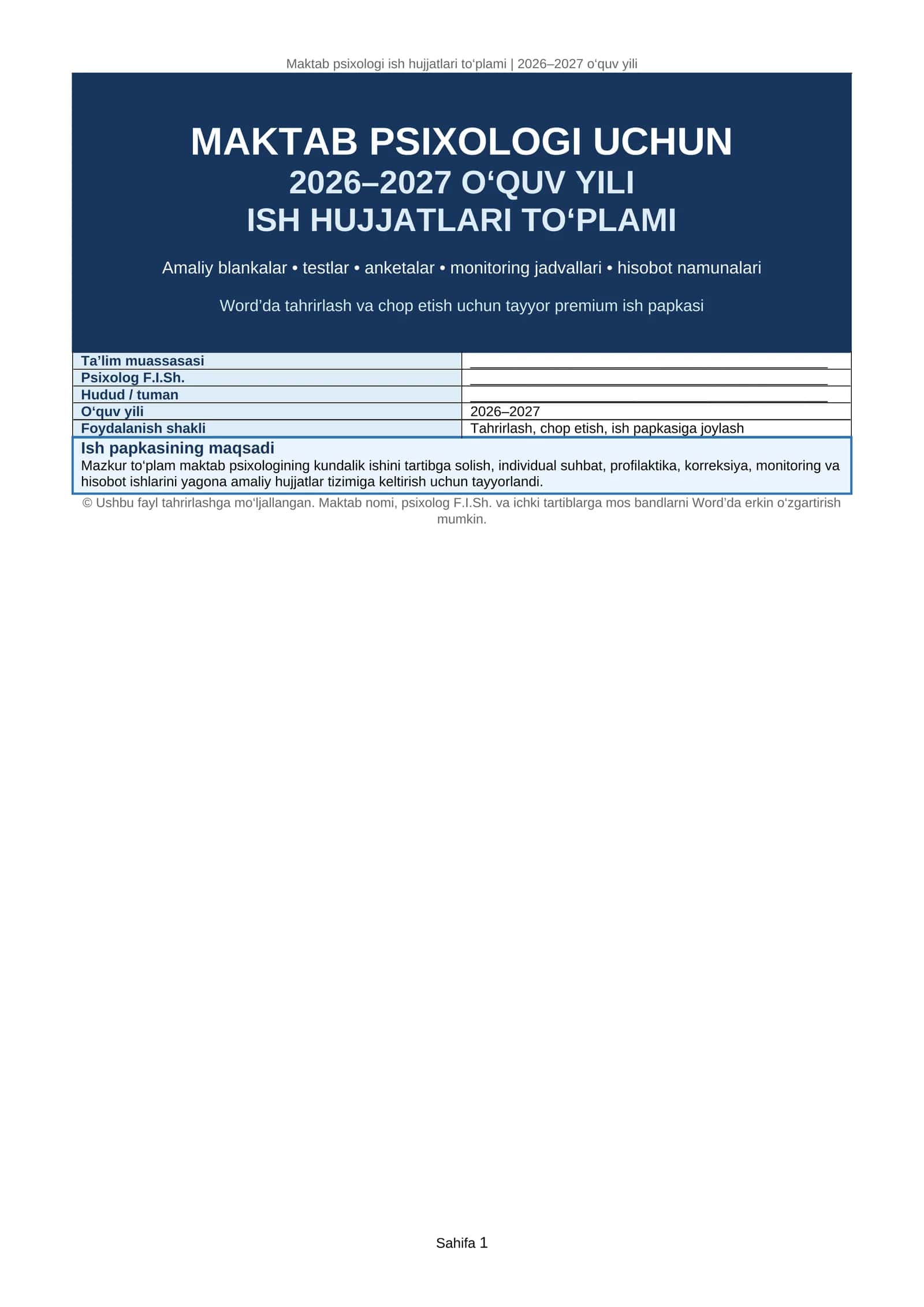 Maktab psixologi ish hujjatlari to‘plami | 2026–2027 o‘quv yili
