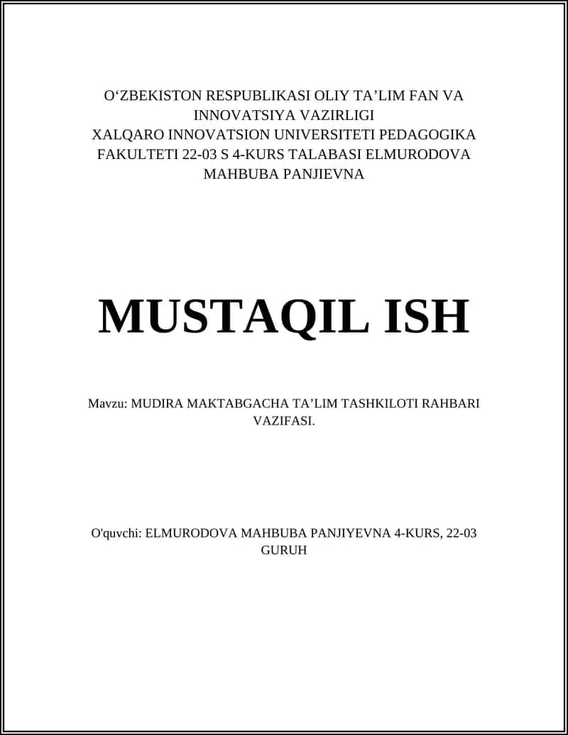 MUDIRA MAKTABGACHA TAʼLIM TASHKILOTI RAHBARI VAZIFASI