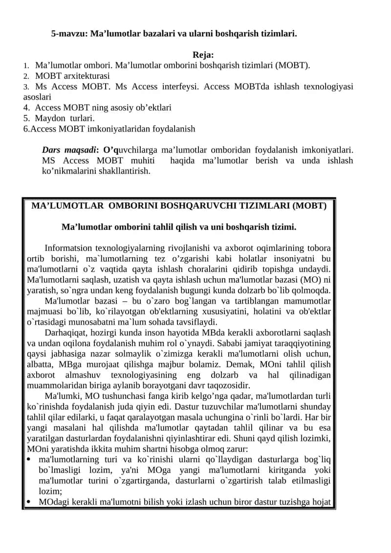 Ma’lumotlar bazalari va ularni boshqarish tizimlari