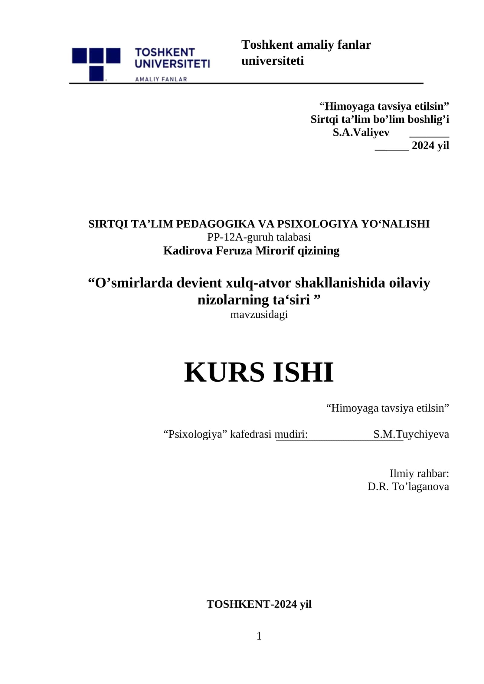 O’smirlarda devient xulq-atvor shakllanishida oilaviy nizolarning ta‘siri
