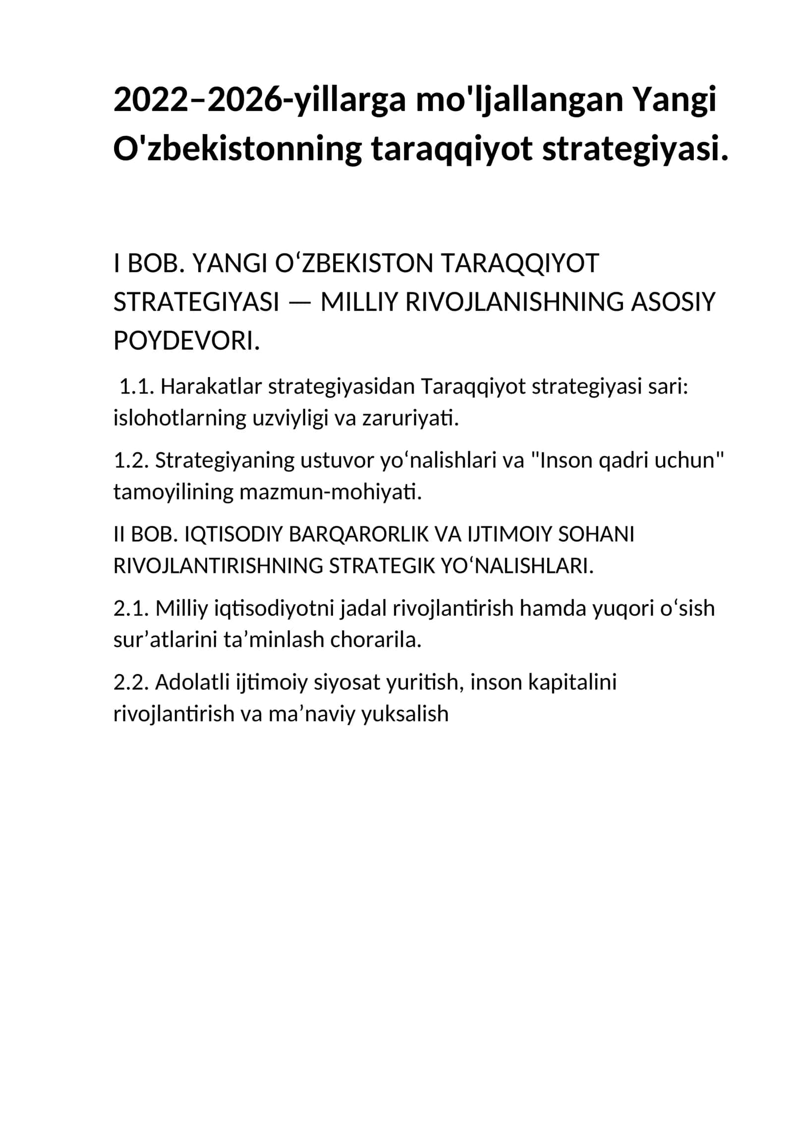 Yangi O'zbekistonning taraqqiyot strategiyasi