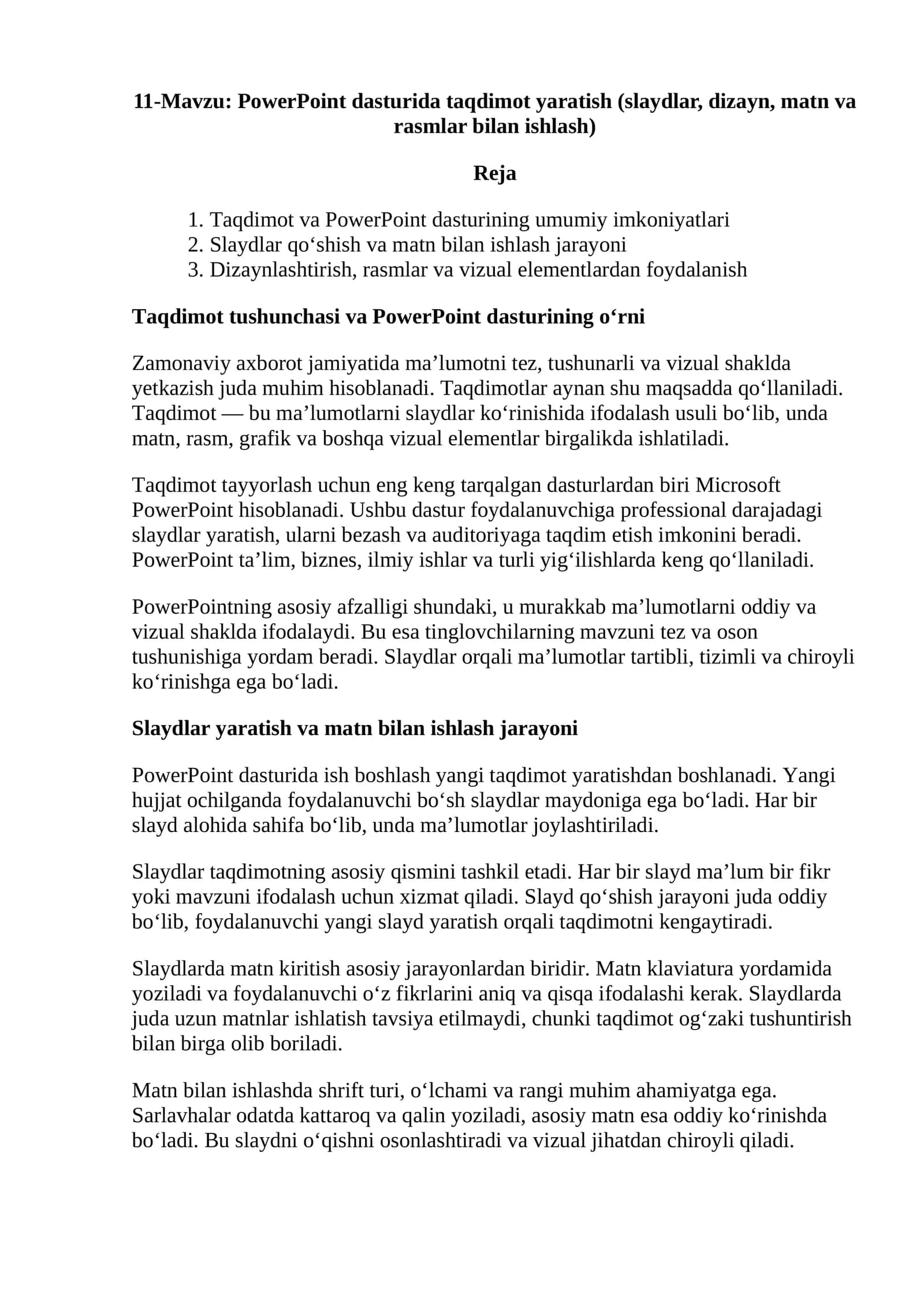PowerPoint dasturida taqdimot yaratish
