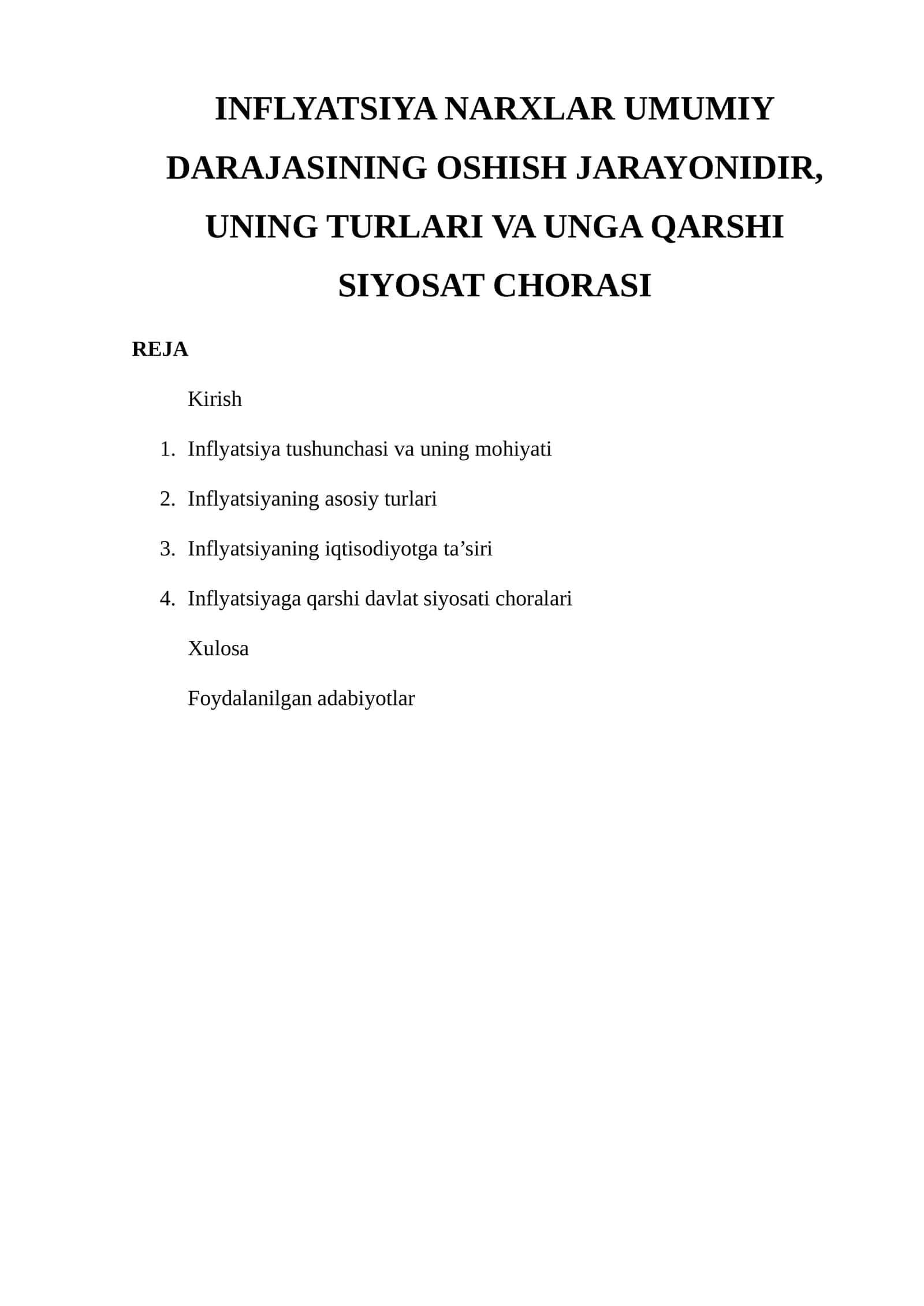 Inflyatsiya Narxlari Umumiy Darajasining Oshish Jarayonidir, Uning Turlari va Ung