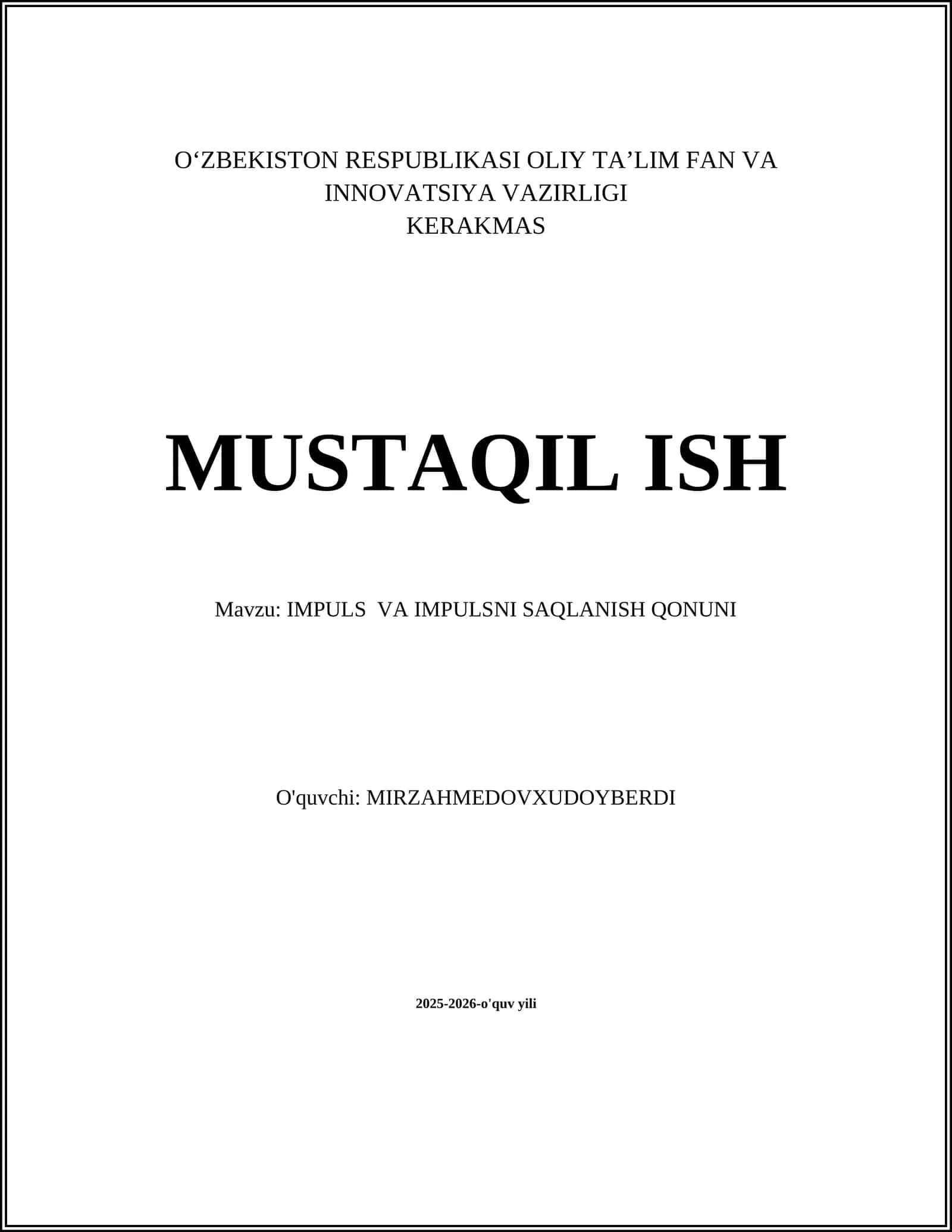 IMPULS VA IMPULSNI SAQLANISH QONUNI