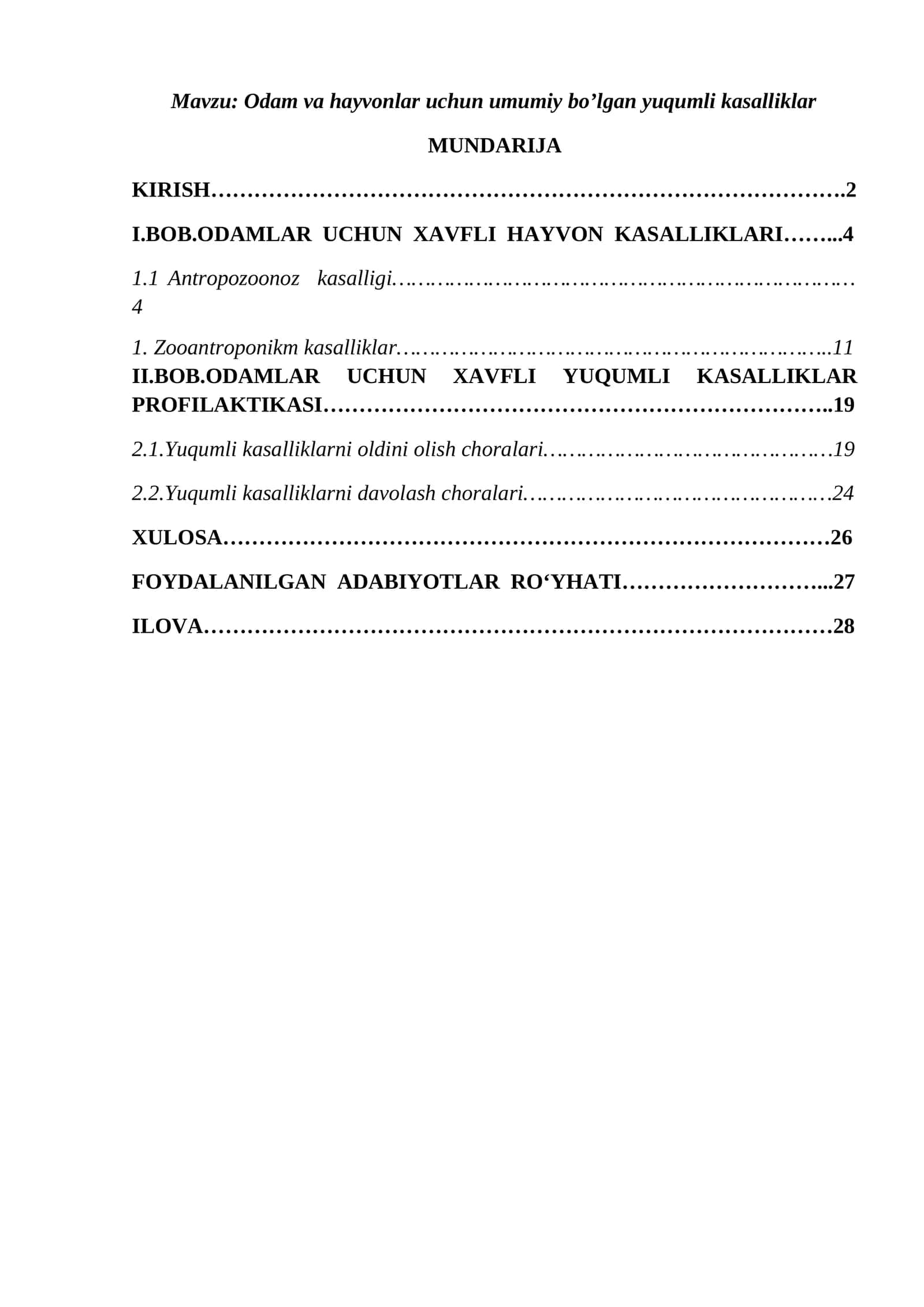 Odam va hayvonlar uchun umumiy bo’lgan yuqumli kasalliklar