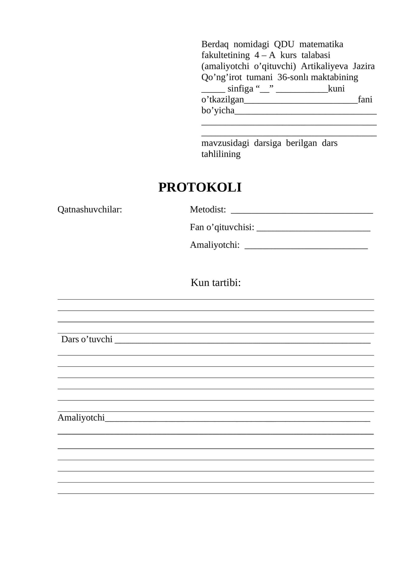 Dars tahlilining PROTOKOLI