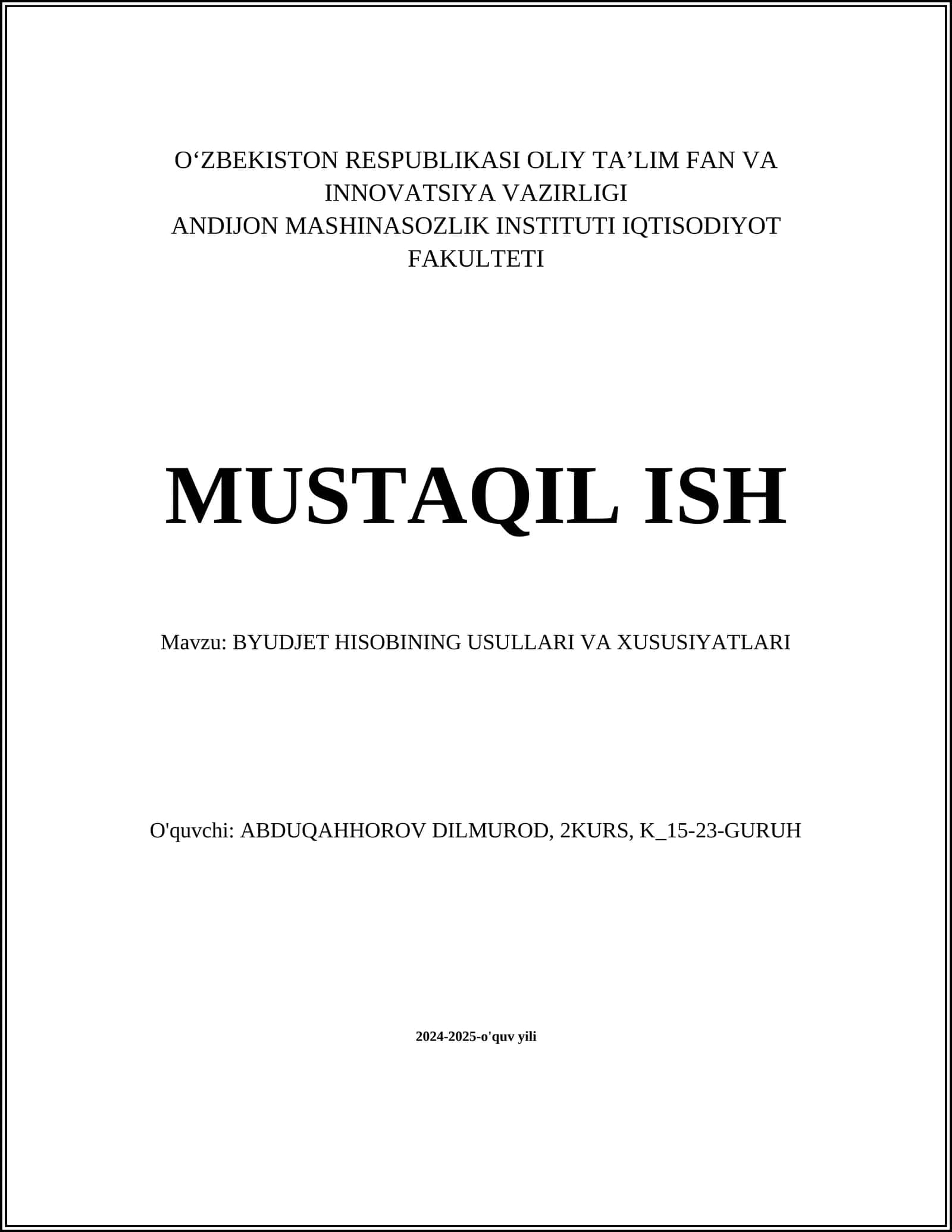 BYUDJET HISOBINING USULLARI VA XUSUSIYATLARI