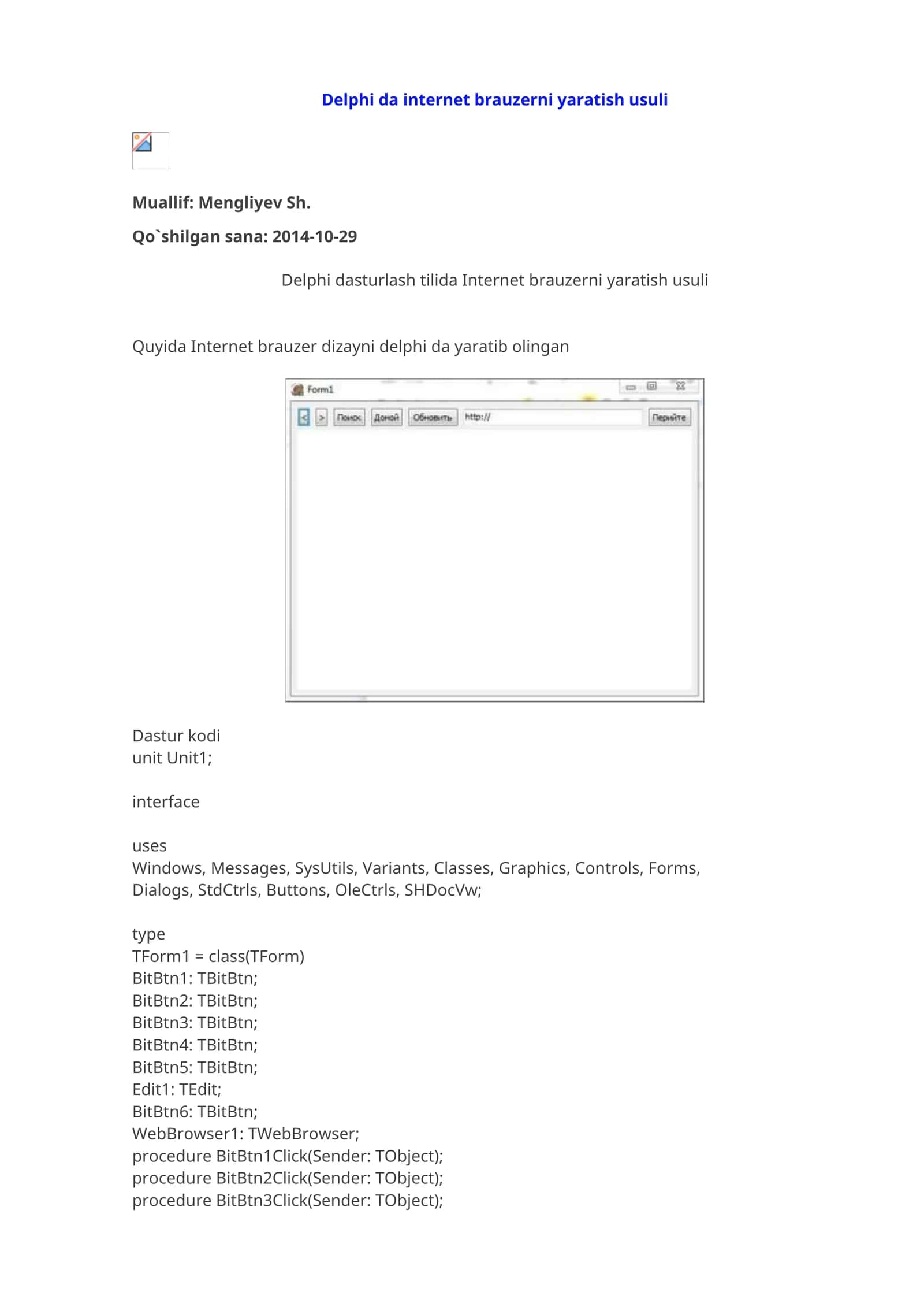 Delphi da internet brauzerni yaratish usuli