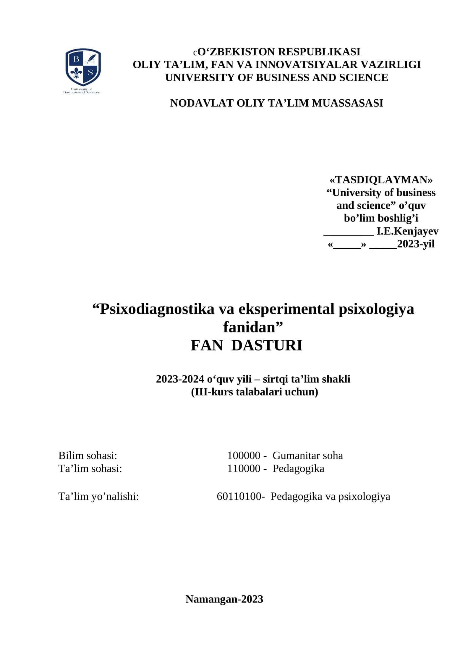 Psixodiagnostika va eksperimental psixologiya fanidan fan dasturi