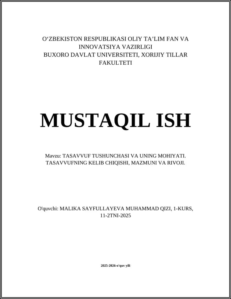 TASAVVUF TUSHUNCHASI VA UNING MOHIYATI