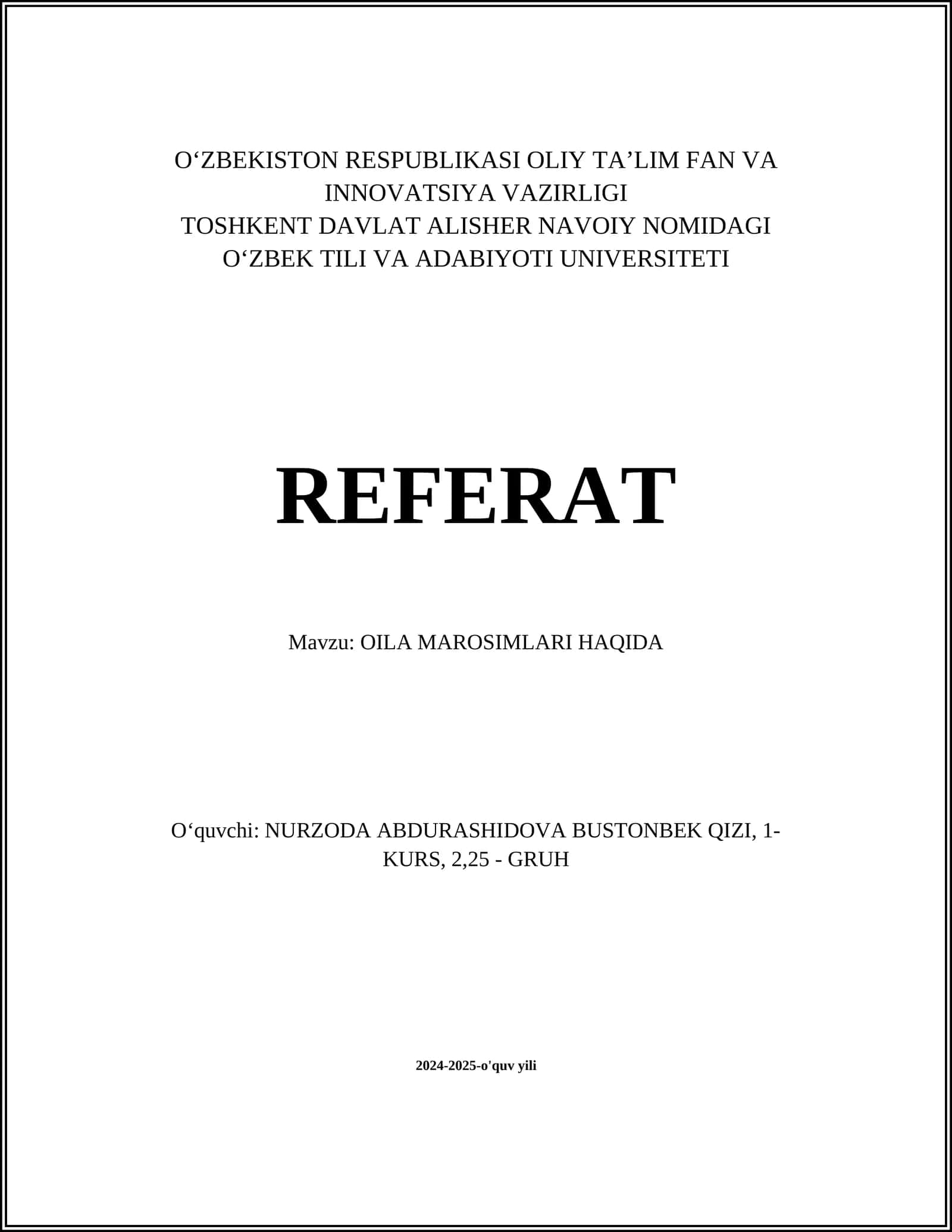 OILA MAROSIMLARI HAQIDA