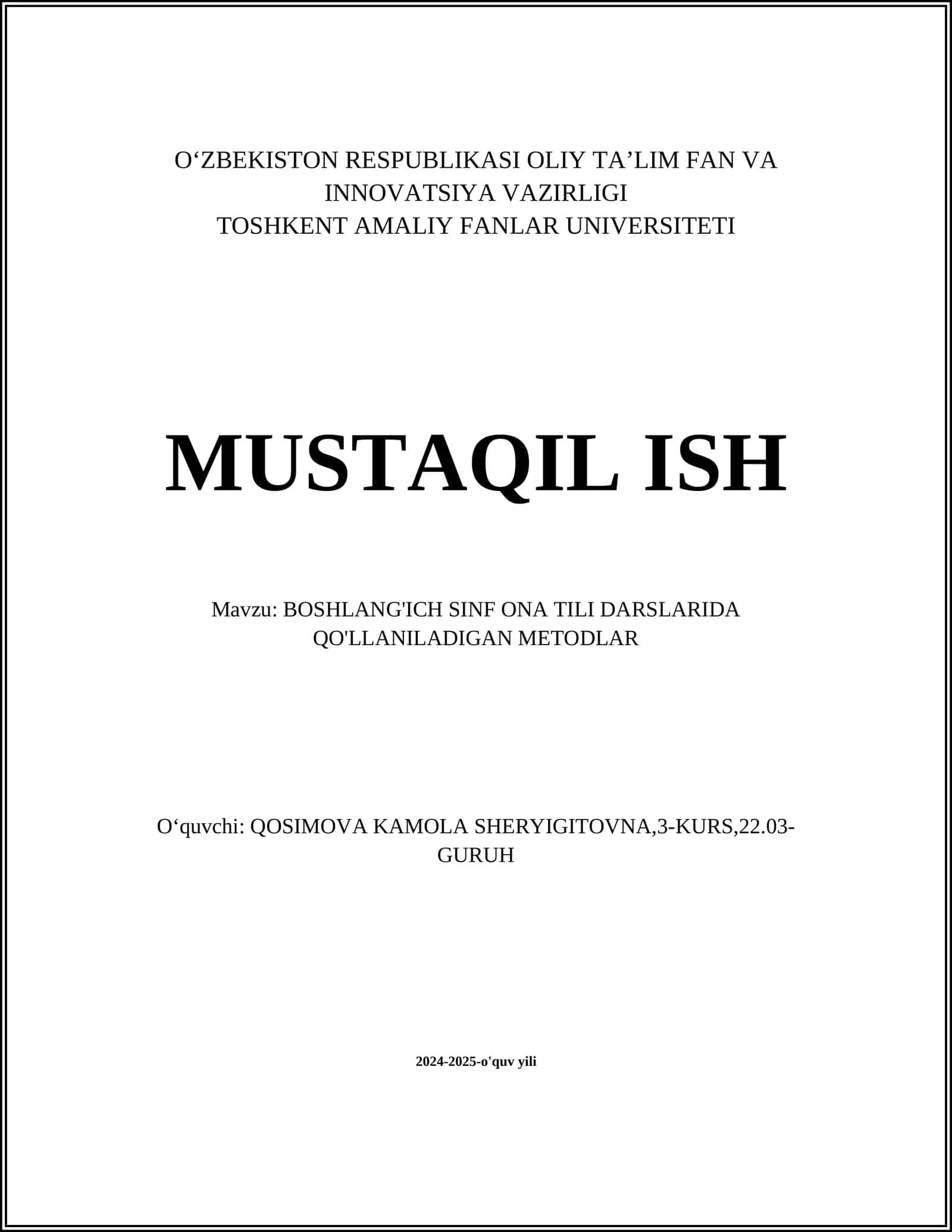 BOSHLANG'ICH SINF ONA TILI DARSLARIDA QO'LLANILADIGAN METODLAR