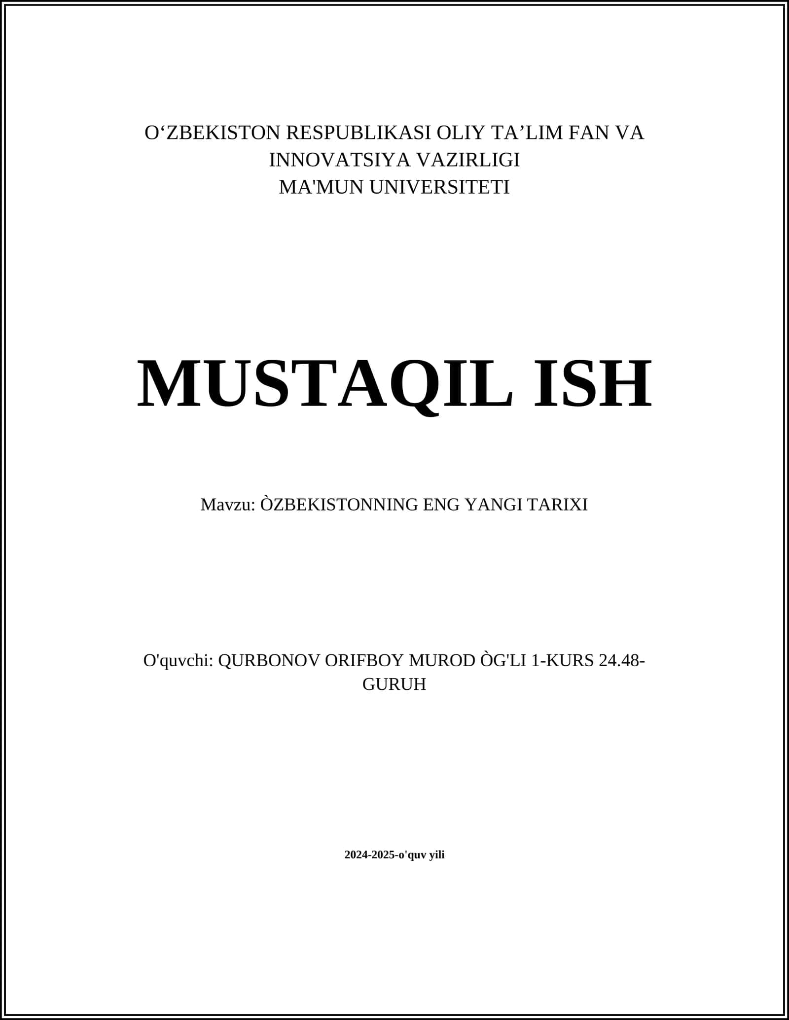 ÒZBEKISTONNING ENG YANGI TARIXI