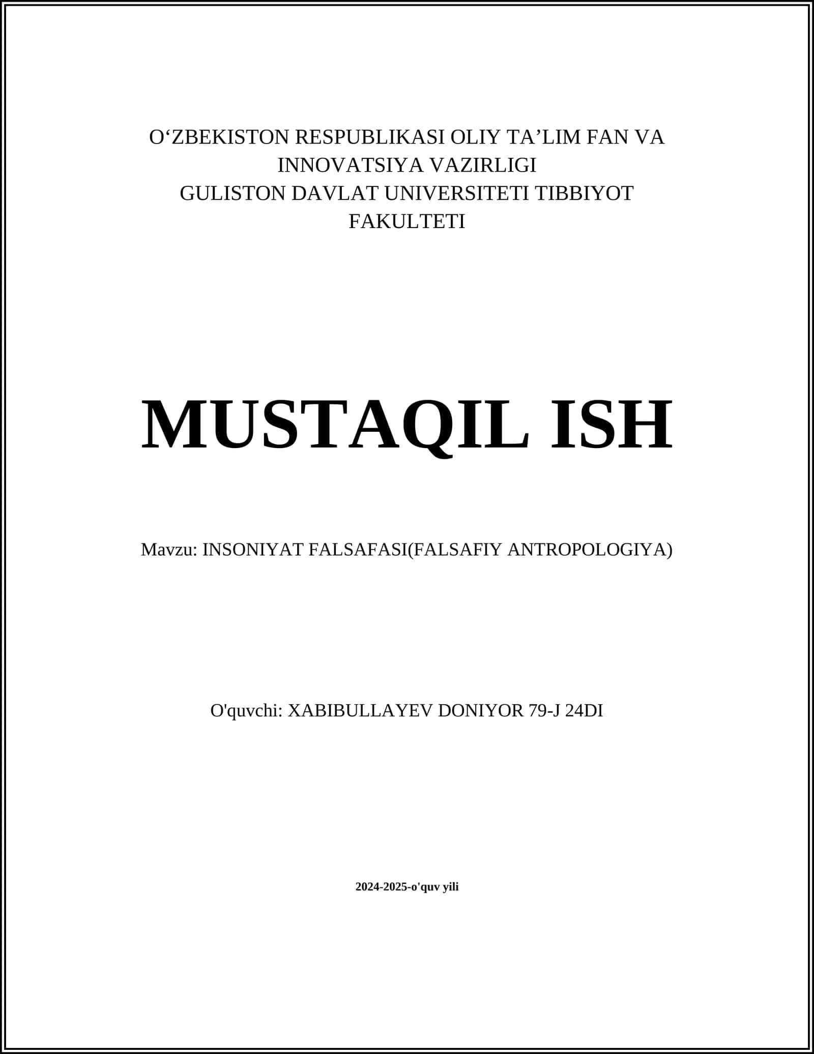 INSONIYAT FALSAFASI(FALSAFIY ANTROPOLOGIYA)