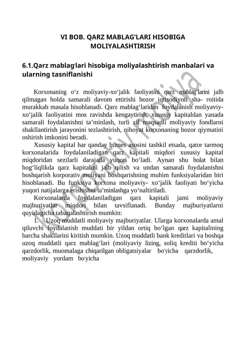QARZ MABLAG’LARI HISOBIGA MOLIYALASHTIRISH