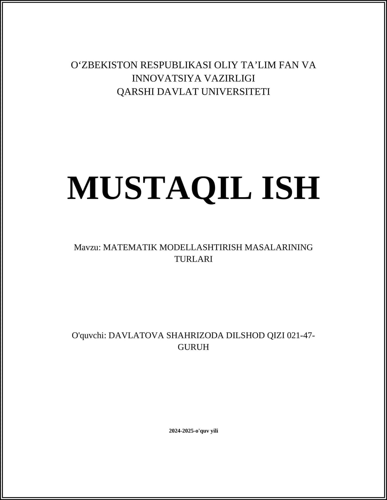 MATEMATIK MODELLASHTIRISH MASALARINING TURLARI