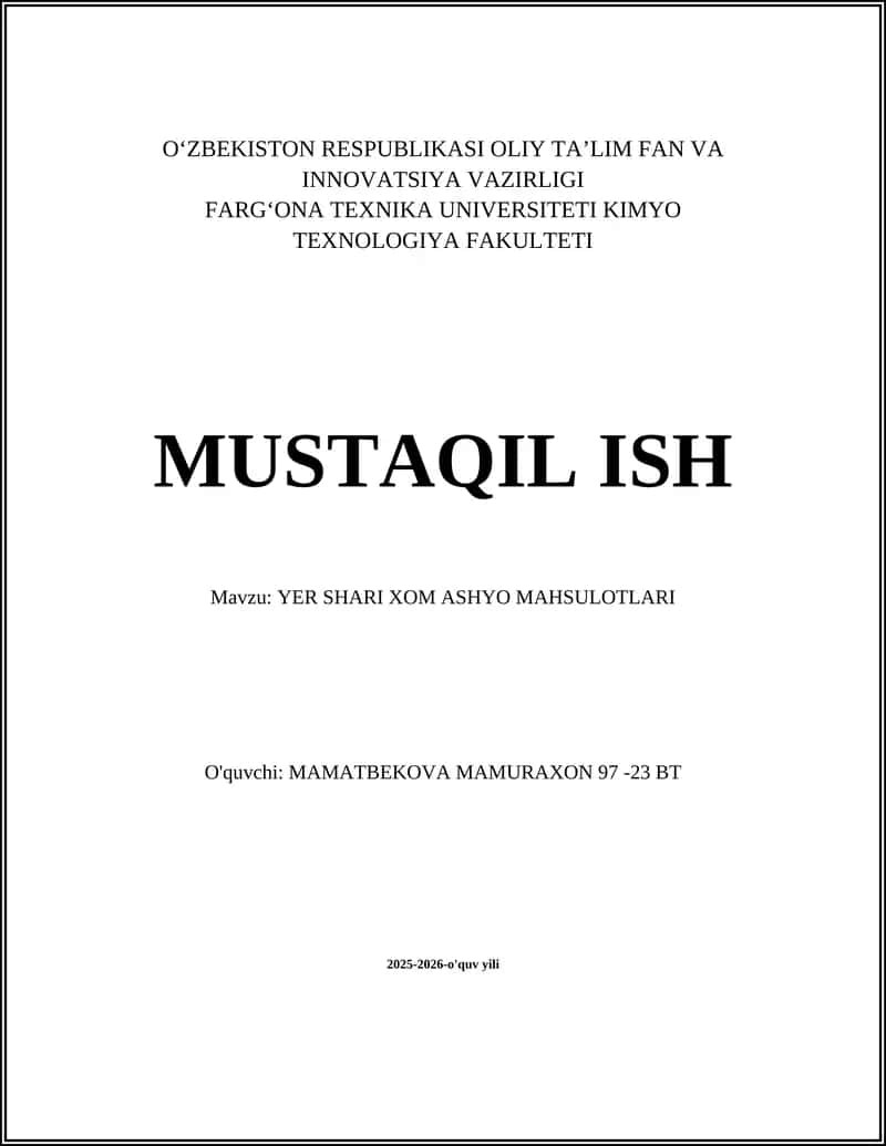 YER SHARI XOM ASHYO MAHSULOTLARI