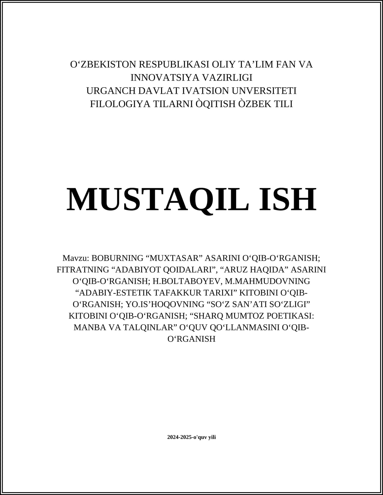 BOBURNING “MUXTASAR” ASARINI O‘QIB-O‘RGANISH