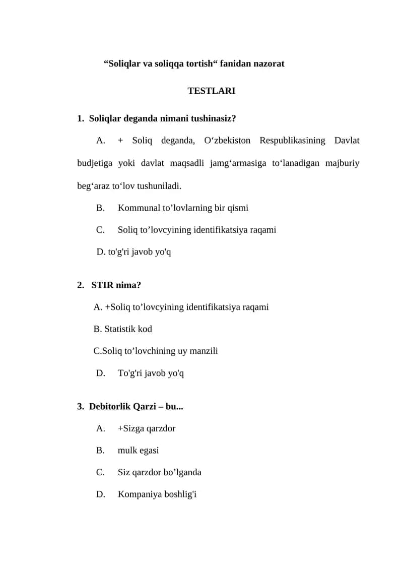 Soliqlar va soliqqa tortish Fanidan Testlar