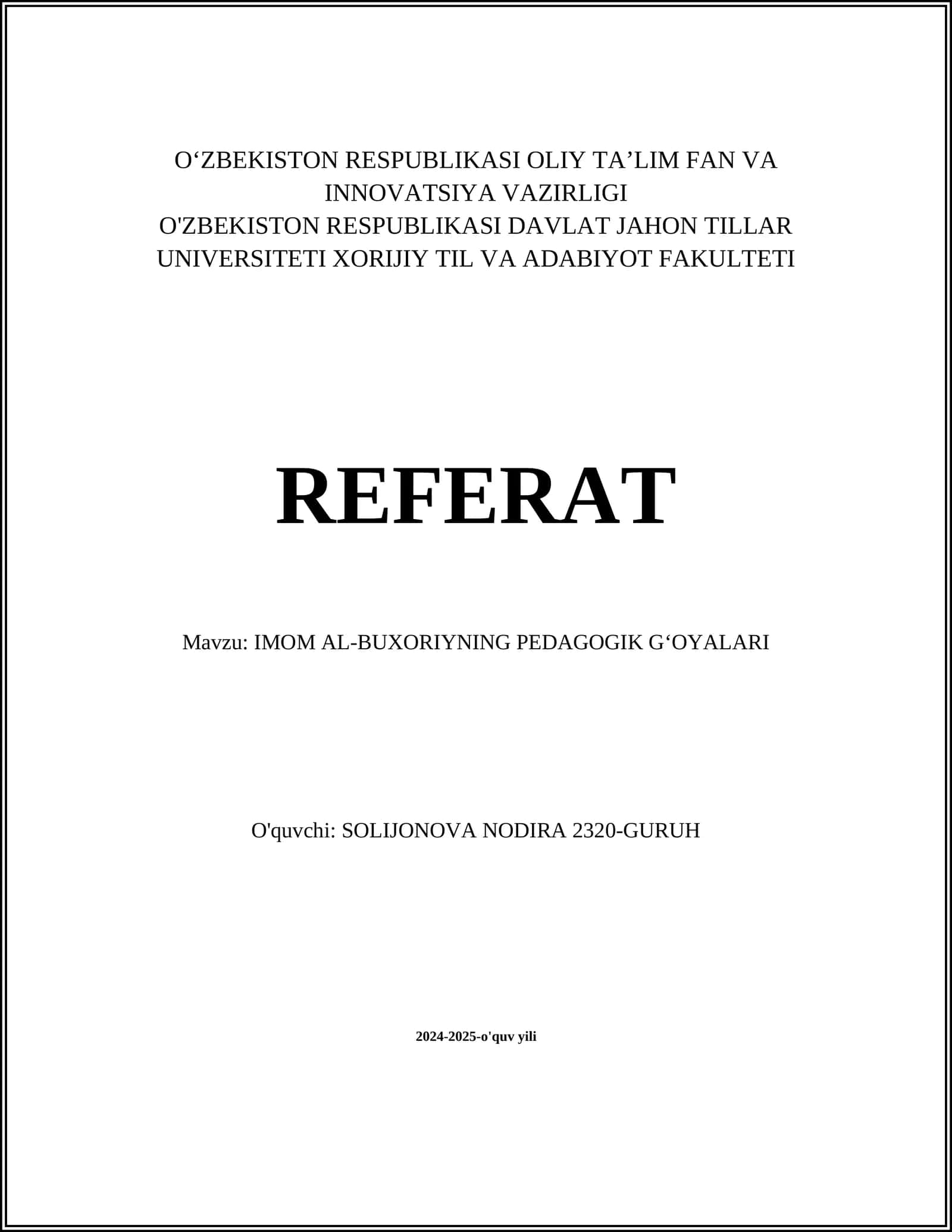 IMOM AL-BUXORIYNING PEDAGOGIK GʻOYALARI