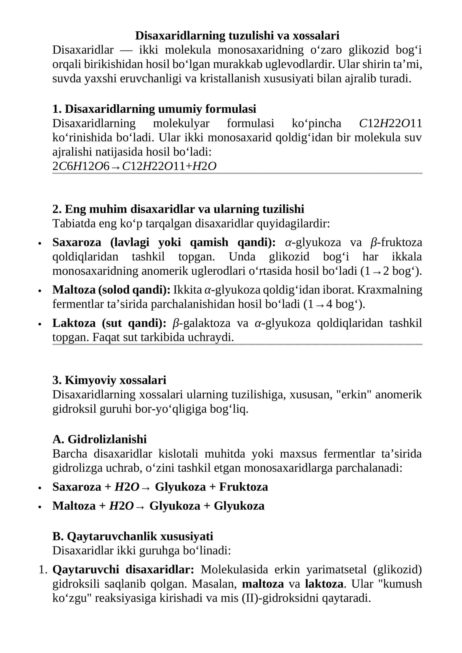 Disaxaridlarning tuzulishi va xossalari