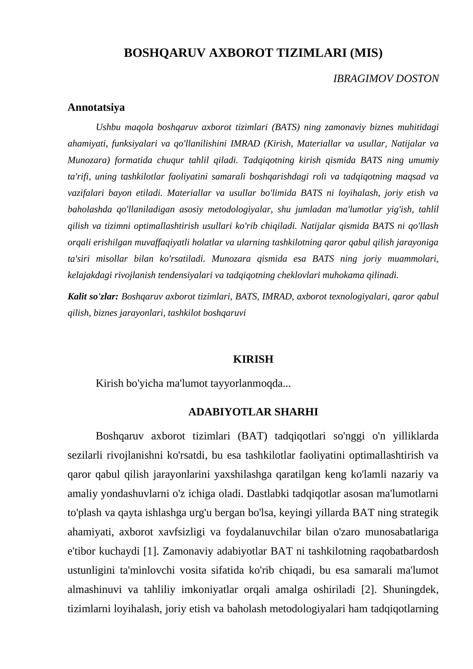BOSHQARUV AXBOROT TIZIMLARI (MIS)