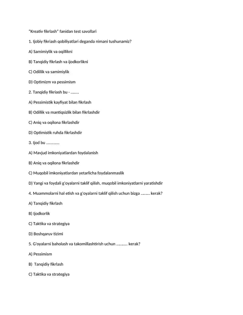 “Kreativ fikrlash” fanidan test savollari