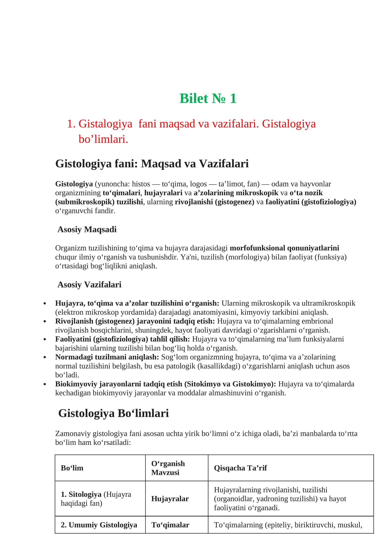 Gistologiya (Gistalogiya fani: Maqsad va Vazifalari)