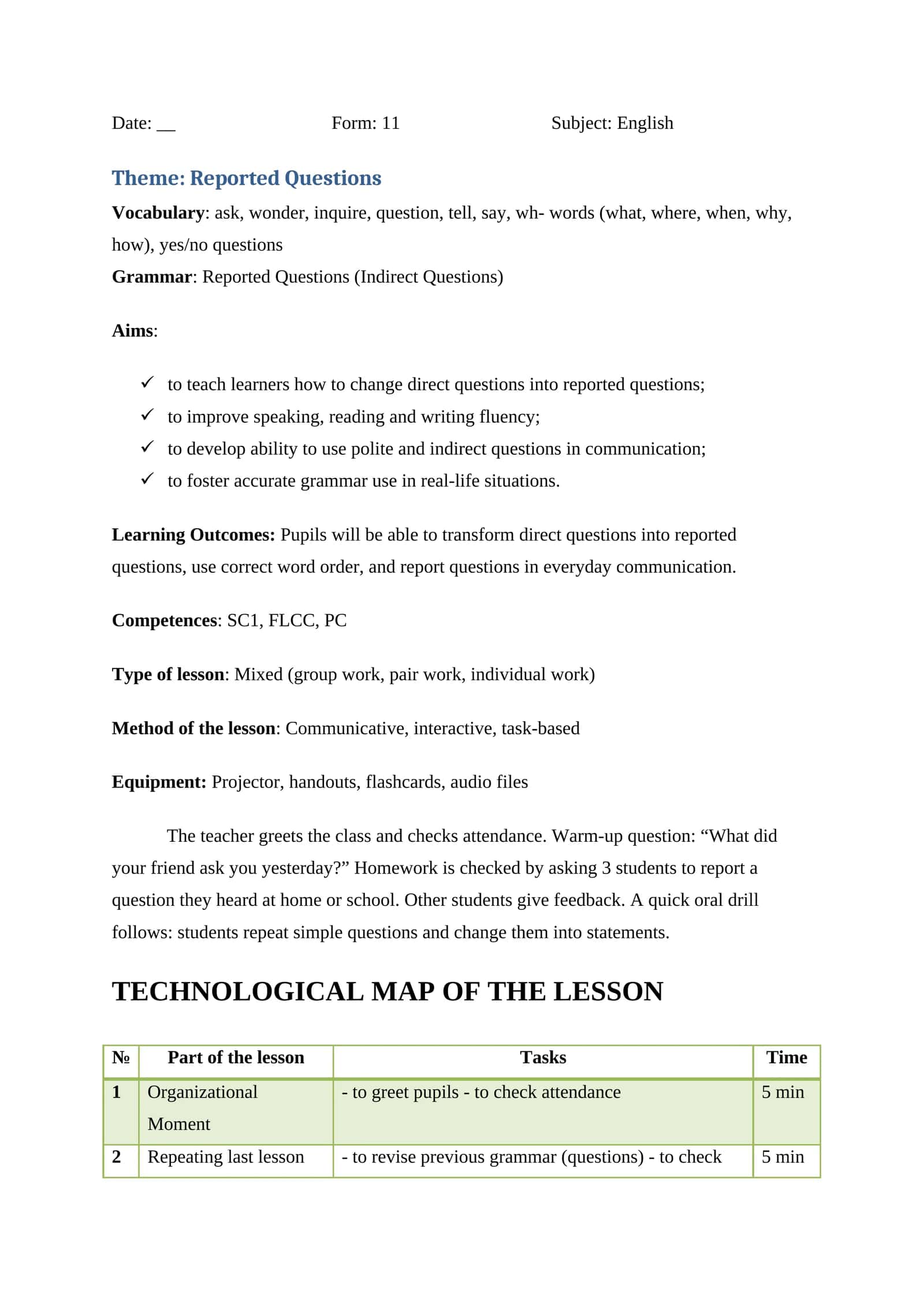 Reported Questions Lesson