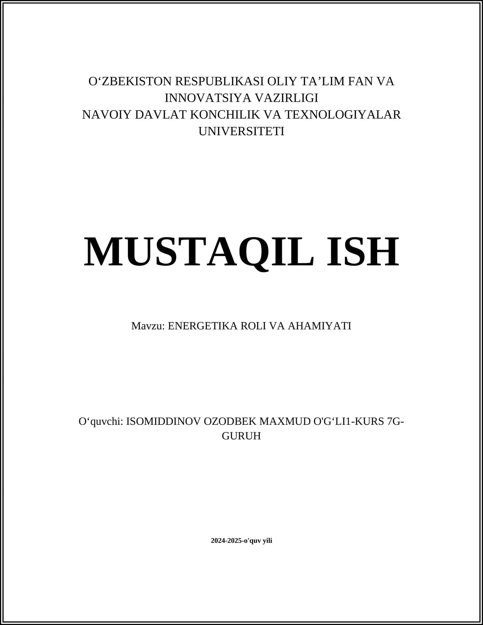 ENERGETIKA ROLI VA AHAMIYATI