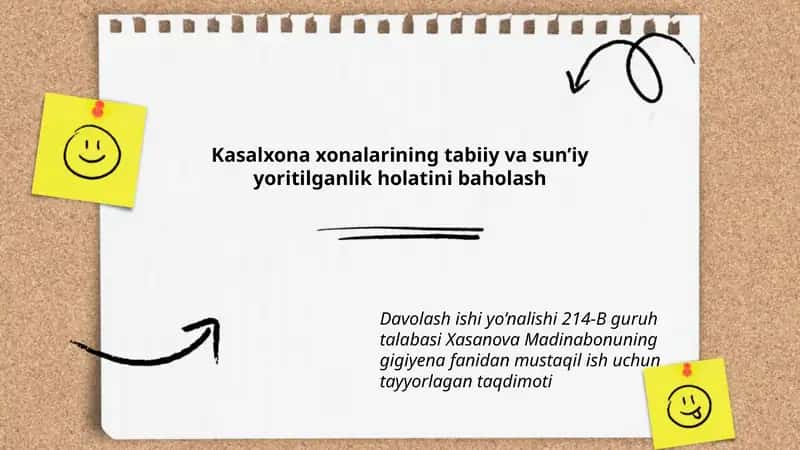 Kasalxona xonalarining tabiiy va sun’iy yoritilganlik holatini baholash