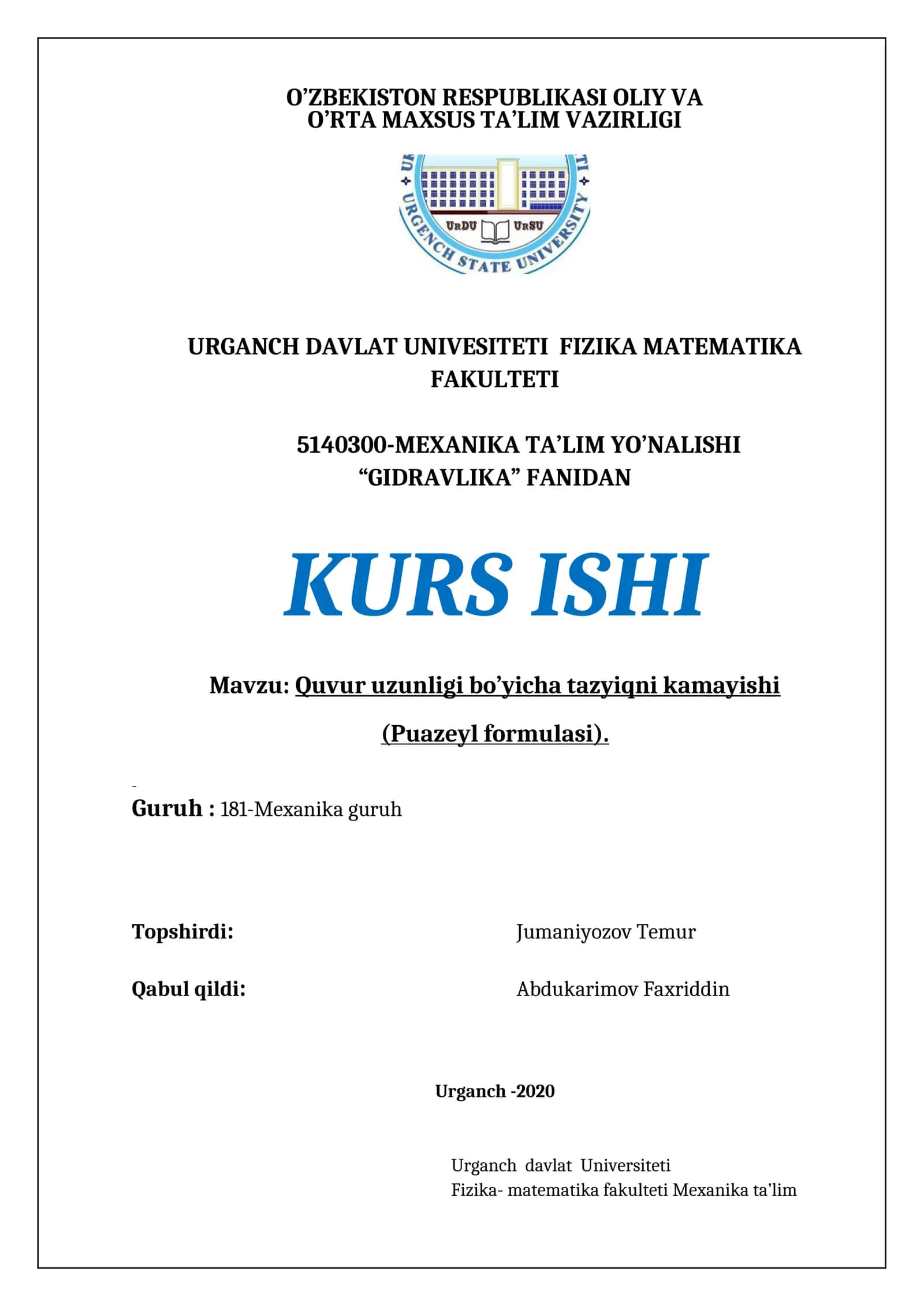 Quvur uzunligi bo’yicha tazyiqni kamaytirish (Puazeyl formulasi)