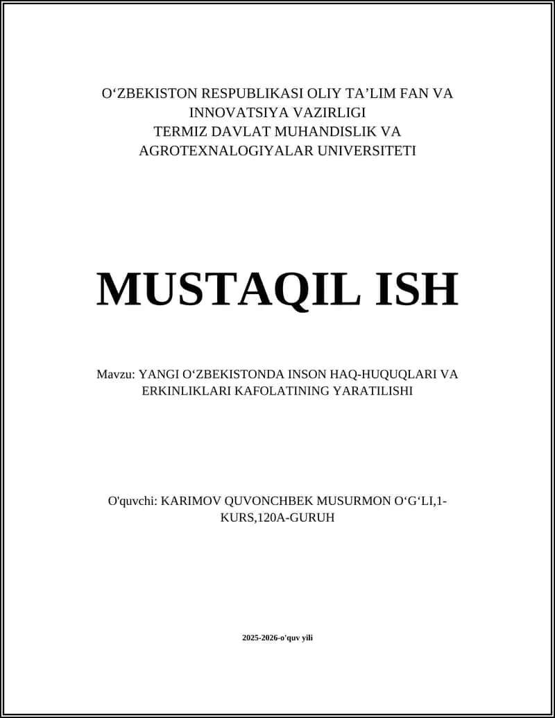 YANGI OʻZBEKISTONDA INSON HAQ-HUQUQLARI VA ERKINLIKLARI KAFOLATINING YARATILISHI