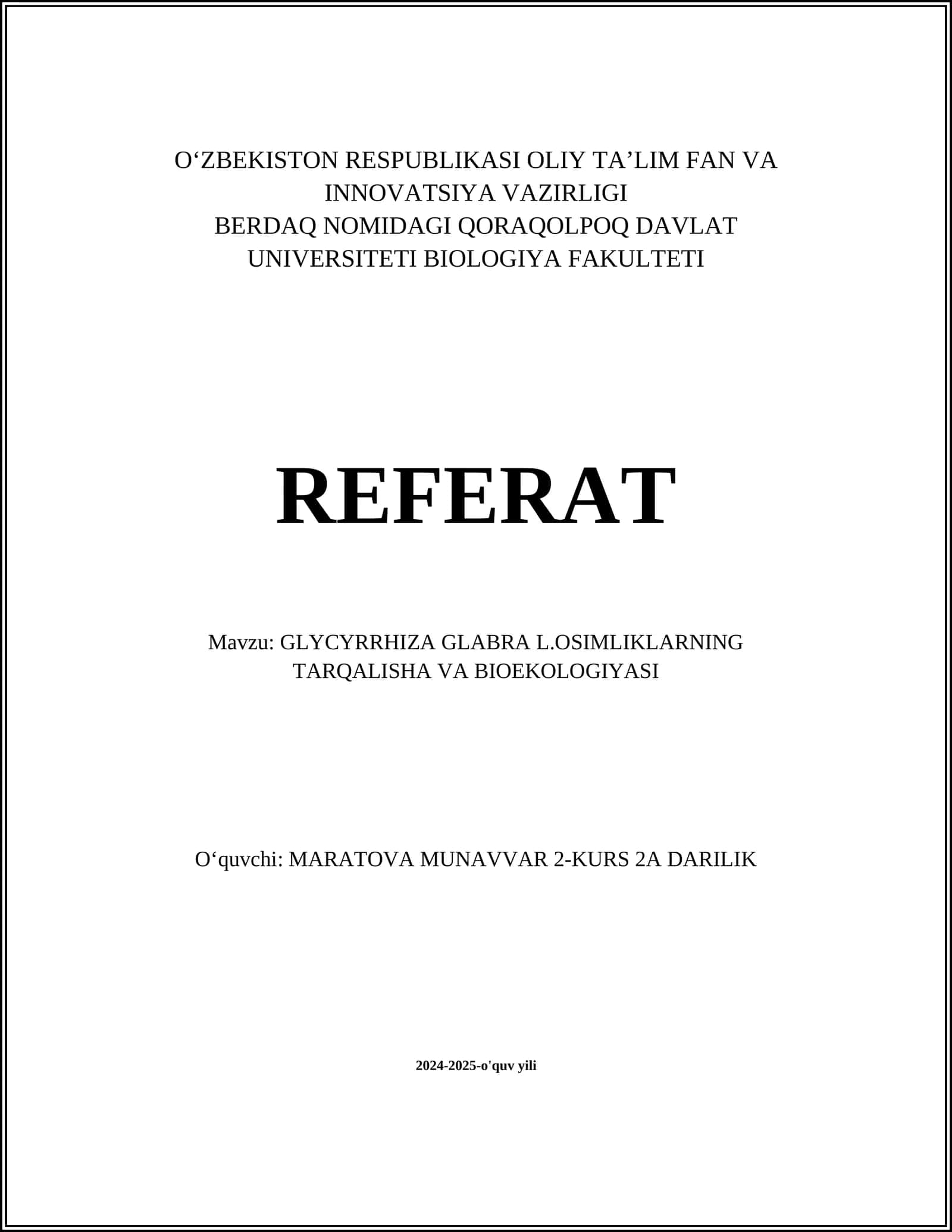 QORAQOLPOQ DAVLAT UNIVERSITETI BIOLOGIYA FAKULTETI REFERAT