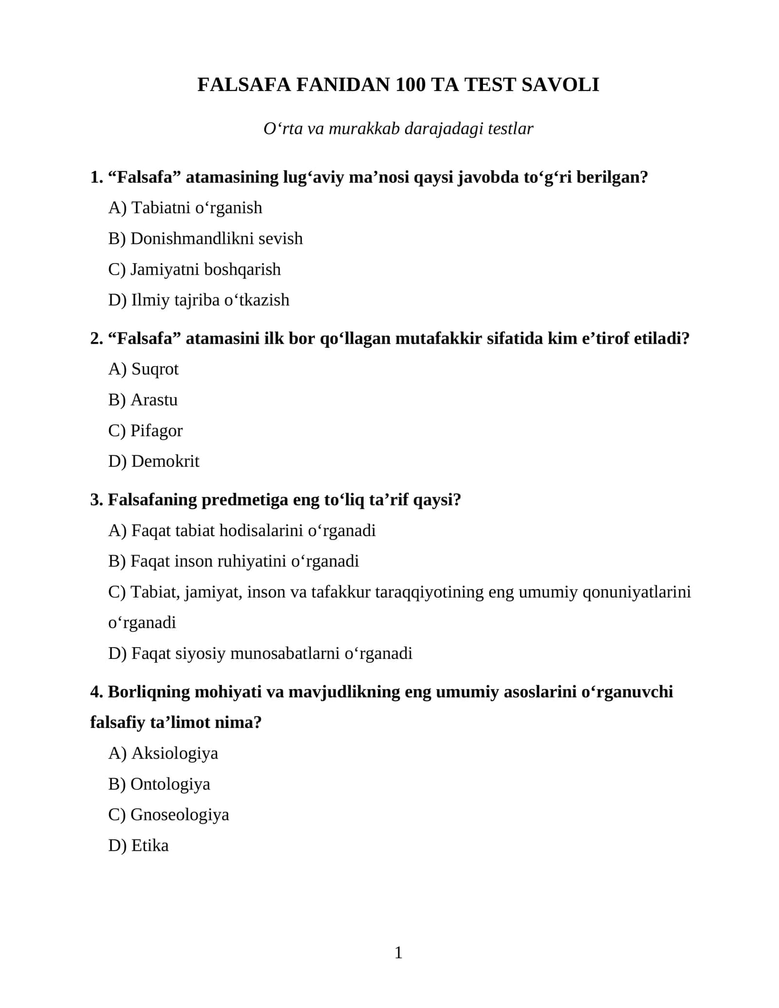 FALSAFA FANIDAN 100 TA TEST SAVOLI